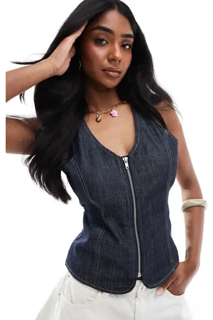 Pull&Bear Denim halterneck top in dark blue