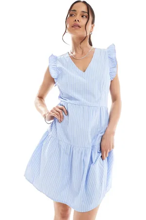 VERO MODA Tiered mini dress in blue and white stripe