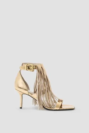 AllSaints Paola metallic, leather fringe, heeled sandal in