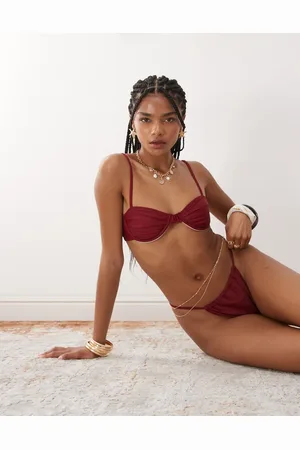 Miss Selfridge Mix and Match ruched cup skinny strap bikini top in -Red