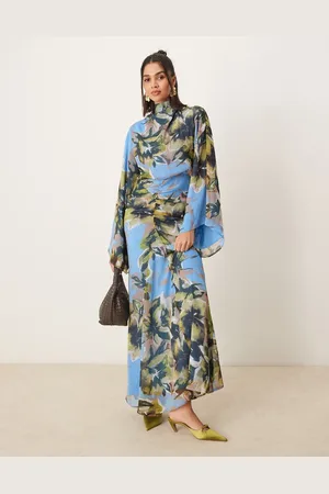 ASOS Volume sleeve maxi dress with ruched skirt in print-Multi