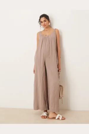ASOS Double cloth plait tie detail scoop neck jumpsuit in -Neutral