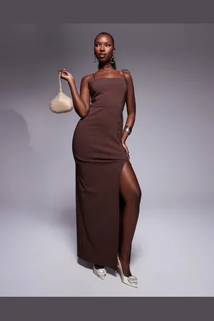 Vesper Bengaline strappy bow shoulder thigh split maxi dress in -Brown