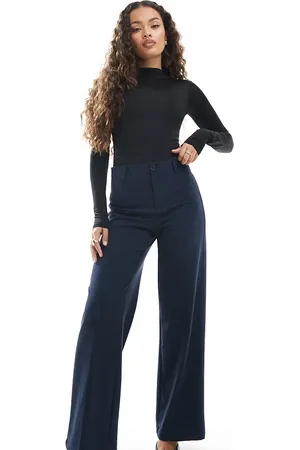 Bershka Petite high waisted wide leg tailored pants in navy