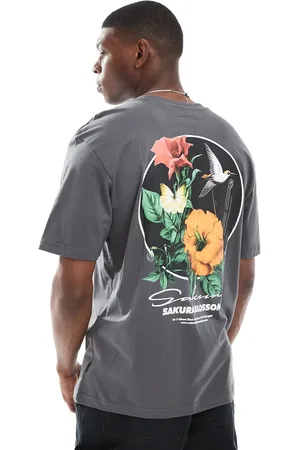 Only & Sons Relaxed fit t-shirt with sakura blossom print in charcoal-Grey