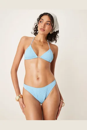 ASOS Tia textured paisley high leg bikini bottoms in petrol blue