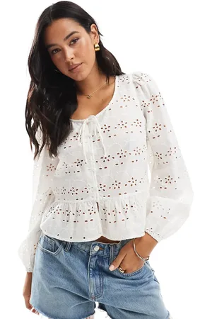 Pieces® Tie front long sleeve blouse in white