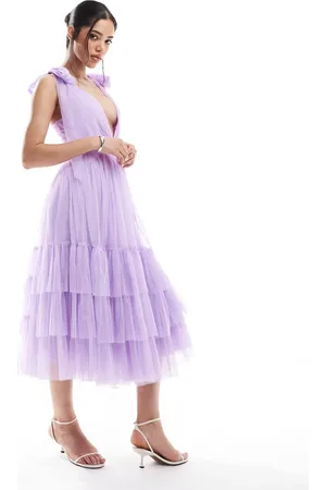 Lace & Beads Bridesmaid Madison bow shoulder midi dress in -Purple