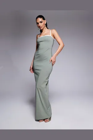 Vesper Bengaline square neck contrast piping bodycon maxi dress in sage-Green