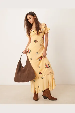 Free People Floral embroidered puff sleeve maxi dress in yellow