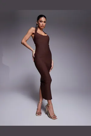 Vesper Bengaline scoop neck halterneck bodycon midaxi dress in -Brown