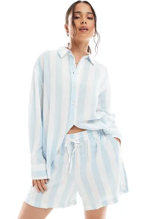 VERO MODA Linen mix shorts in pale blue stripe (part of a set)