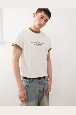 Reclaimed Cropped boxy ringer t-shirt with branded graphic in white
