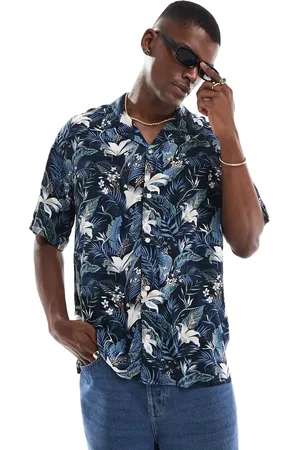 JACK & JONES Revere collar tropical print short sleeve shirt in navy