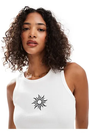 Pieces® Sun embroidered singlet top in white