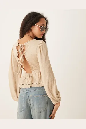 ASOS Crinkle long sleeve tie back top in -Neutral