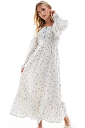 Miss Selfridge Milkmaid maxi dress in blue -Multi