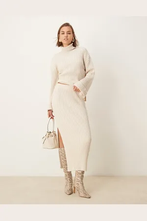 Y.A.S Knitted maxi skirt with split in (part of a set)-White