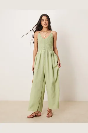ASOS V neck poly crinkle dropped waist jumpsuit in -Green