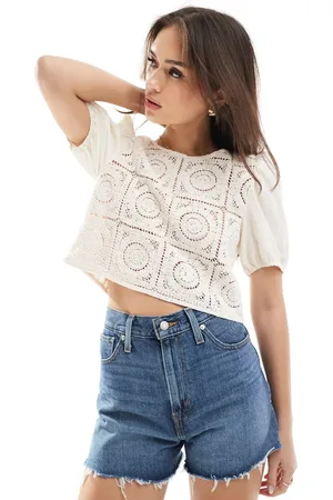 ONLY Crochet tie back top in beige-Neutral