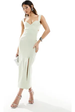Vesper Bengaline cut out detail front split midaxi dress in green