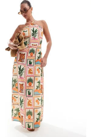 VERO MODA Halter maxi dress in tropical postcard print-Multi