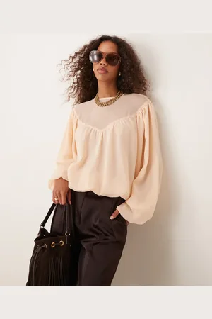 ASOS Bubble hem top with sheer yoke detail in peach-Black