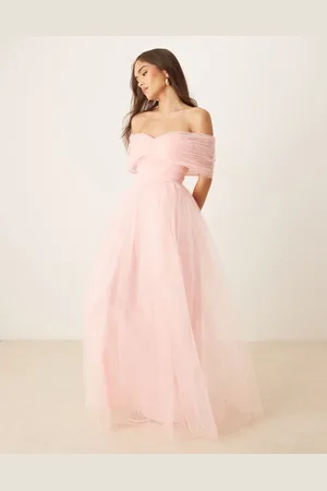 Lace & Beads Bow off shoulder tulle maxi dress in