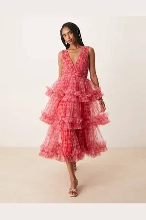 Lace & Beads Ruffle tiered midaxi dress in red and pink floral