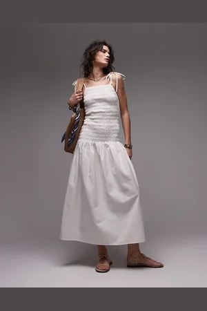 Topshop Linen cami ruched midi dress in -White