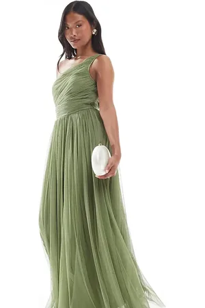 Lace & Beads Bridesmaid one-shoulder maxi dress in -Green