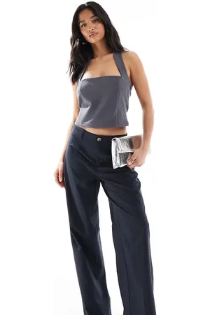 Bershka Petite high waisted wide leg tailored pants in stripe-Blue