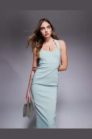 Vesper Bengaline scoop neck halterneck bodycon midaxi dress in -Green