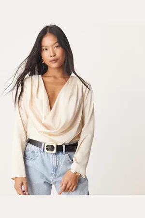 ASOS ASOS DESIGN Petite satin cowl bodysuit in -Neutral