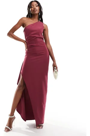 Vesper Bengaline one shoulder drape side split maxi dress in -Red