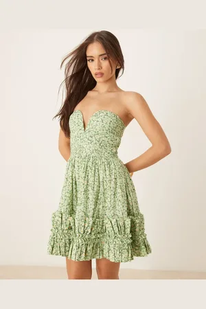 Lace & Beads Bandeau cotton ruffle hem mini dress in green daisy