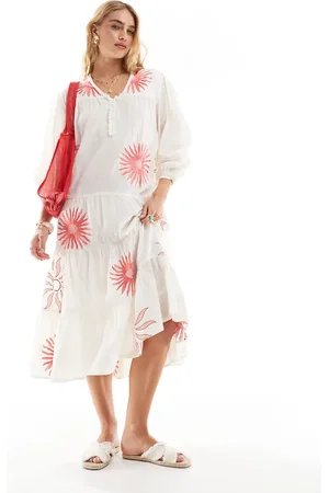 Accessorize Puff sleeve midi beach dress in summer sun print-White