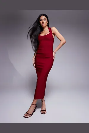 Vesper Bengaline scoop neck halterneck bodycon midaxi dress in burgundy-Red