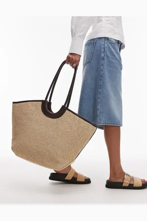 & OTHER STORIES Large straw tote with brown leather detail and contrast stitches in