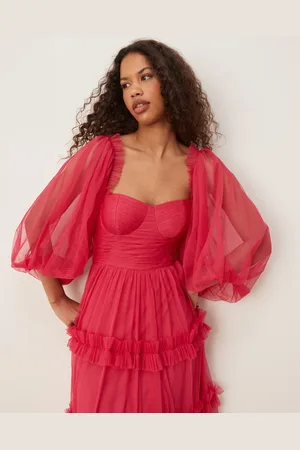Lace & Beads Corset balloon sleeve ruffle maxi dress in bright -Pink