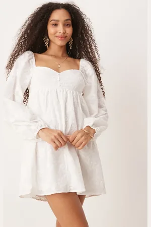 Gina Tricot Long sleeve lower floral print button down mini dress in white