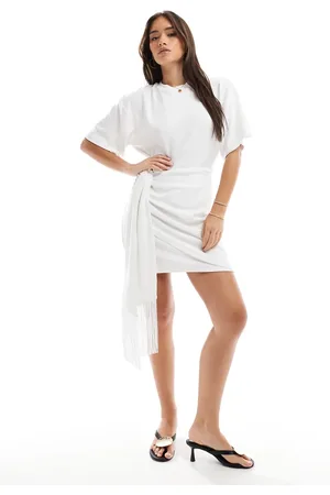4th & Reckless Cutout fringed side drape detail short sleeve mini dress in -Neutral
