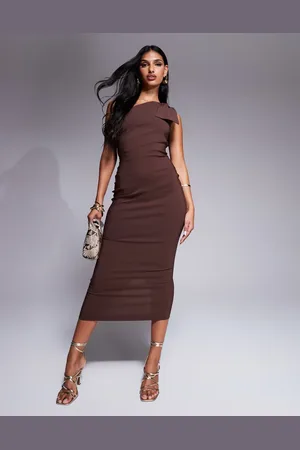 Vesper Bengaline one shoulder bow detail midi dress in -Brown