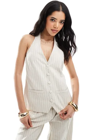 4th & Reckless Linen blend tailored halterneck tie back waistcoat top in beige (part of a set)-Multi