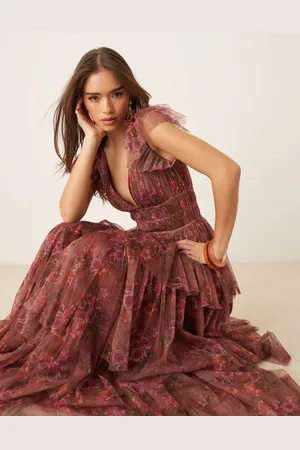 Lace & Beads Ruffle shoulder tiered maxi dress in