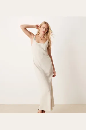 ASOS ASOS DESIGN Tall linen blend twist strap bias maxi dress in -Neutral