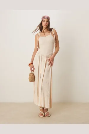 ASOS Crinkle shirred bodice tie cami strap midi sundress in -Neutral