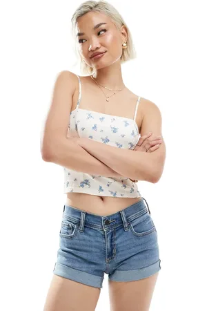 Hollister Low rise contrast foldover mini denim shorts in vintage wash
