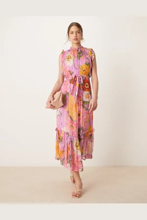 HOPE & IVY High neck ruffle midi dress with tie waist in pink print