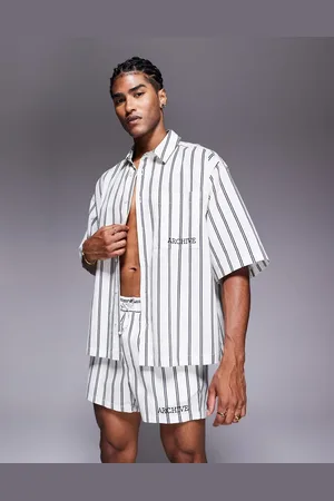 ASOS Boxy oversized stripe shirt with chest embroidery in (part of a set)-Neutral